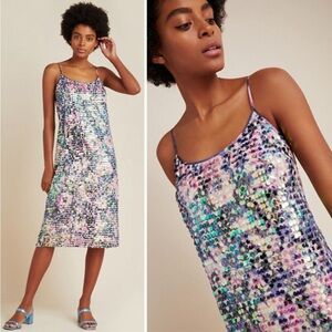 Anthropologie NOT SO SERIOUS Amaryllis Slip Dress 6 Iridescent Sequin Midi FLAW